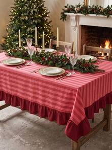 1pc Red And White Thin Striped With Burgundy Ruffle Edge Tablecloth, Christmas Baking Style Fabric Material, Rectangular Burgundy Ruffle Edge Patchwork Detail, Stain-Resistant Protection And Decorative Function For Home Long Table, Suitable For Christmas Baking Decor And Holiday Kitchen Scenes - Red - View 11