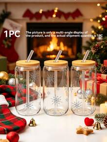 1pc/5pcs 16oz Christmas Mason Glass Cup With Bamboo Lid And Glass Straw ...