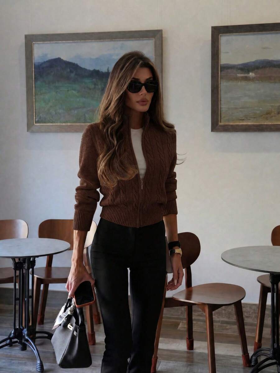 Women's Elegant High Neck Cable Knit Zip-Up Cardigan Sweater, Slim Fit ...