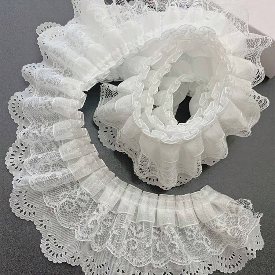 White Hollow Eye Floral Wave Edge Ruffle Lace Trim Double Layer Pleated Ruffle Mesh Lace Ribbon, Multiple Lengths Available, Soft And Breathable, Suitable For Handmade Sewing Craft Fabric Decoration - Multiple Styles - View 1