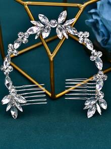 1Pc Silver Rhinestone Flower Bridal Hair Comb Handmade Women's Hair Band Suitable For Wedding Festival Party Hair Accessories - Silver - View 6