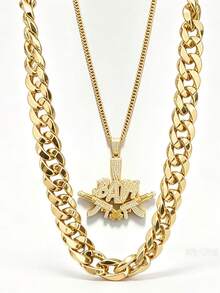 2pcs/Set Letter BABY Machine Gun Shaped Hip Hop Punk Necklace Exaggerated Men's Gold Chain Set, Vintage Punk Style, Suitable For Party, Gathering, Halloween, COS - Gold - View 2