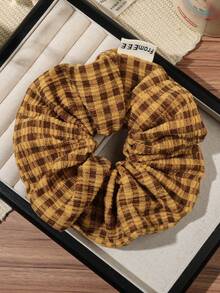 1pc Olive Green Orange Pink Brown Korean Style Plaid Ruched Scrunchie Soft Textured Fabric Hair Tie For Commute Girl Low Ponytail Bun - Multicolor - View 10
