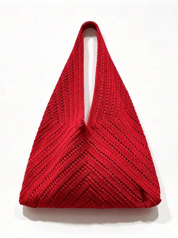 Dedoo Burgundy French Style Large Opening Dumpling Shaped Crochet Bag, Hollow V-Shaped Herringbone Diamond Weave, Minimalist Vacation Tote Bag, Suitable For Summer Beach/Commute/Shopping/Date - Red - View 5