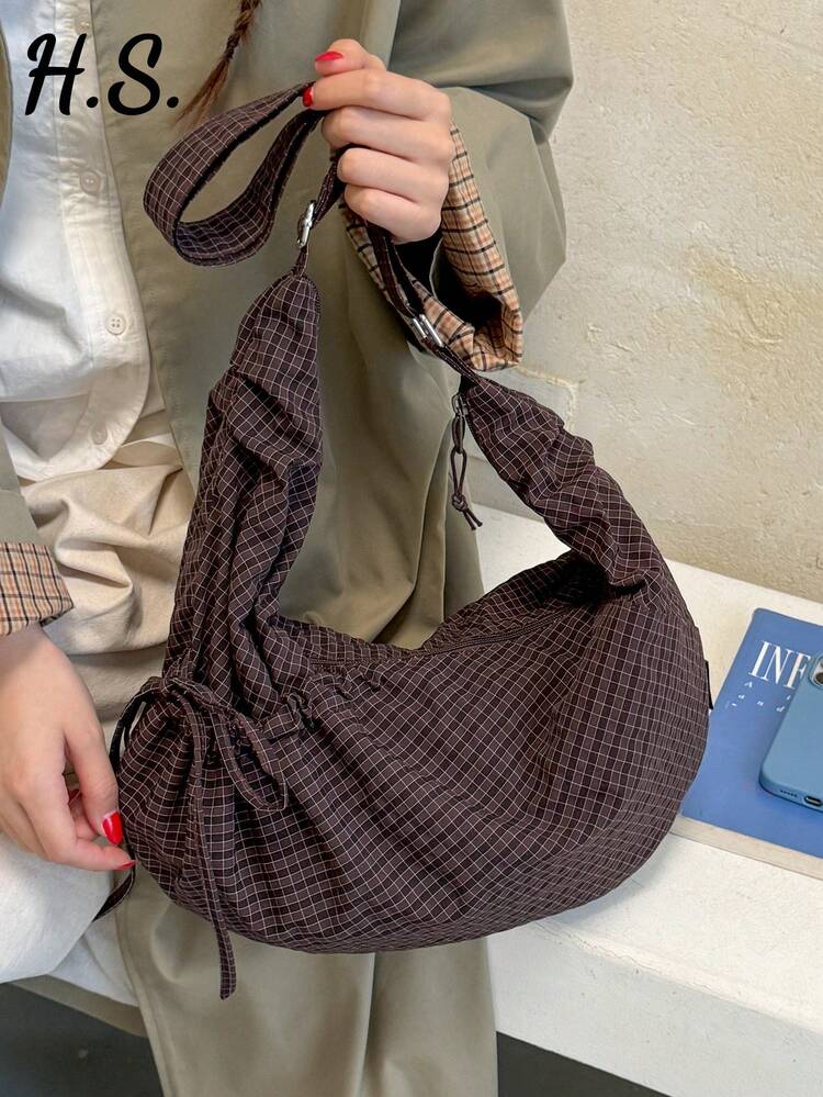 Japanese Style Fresh Plaid Shoulder Bag Fashion Ruched Women's Bag Bow Zipper Closure Crossbody Bag School Style Middle School High School College Student Class Bag Lightweight Foldable Fabric Bag Suitable For Shopping Daily Commute Crescent Bag Cute Casual Fabric Bag - Multicolor - View 1