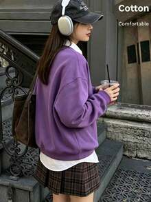 Women's Loose Fit Knitted Fabric Sweatshirt,Purple Drop Shoulder Long Sleeve Round Neck Pullover For Everyday Comfort,Autumn Winte Y2K Street Outings - Purple - View 3