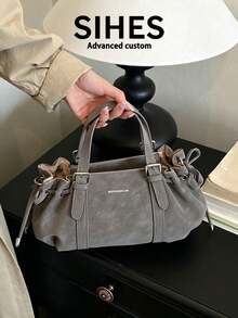 1pc Solid Color PU Leather New Women's Backpack, Shoulder Bag, Crossbody Bag, Fashion Square Handbag, Boston Bag, Zipper Closure, Dual Handles, Suitable For Commuting, Shopping, Dating, - Grey - View 2