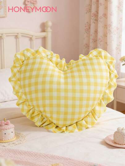 HONEYMOON 1pc Printed Heart Shaped Throw Pillow, Printed Fabric Heart Shaped Pillow, Romantic French Style With Ruffle, Soft And Breathable, Shrink-Resistant-Chic Decorative Throw Cashion For Living Room, Bedroom, Dorm, Sofa, Couch.