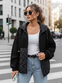 Women's Oversized Hooded Jacket, Quilted Panel, Zip Front, Adjustable Hood, Zip Pockets - Black - View 3