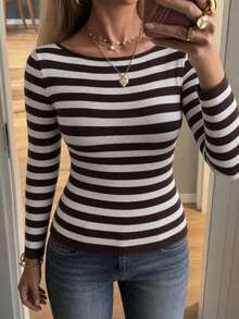 SUNSTORY Women's Autumn Brown & White Striped Round Neck Long Sleeve Knit Base Layer, Slim Fit Ribbed Cropped Top, Basic Denim Style, Suitable For Commuting, Christmas, Outings, Daily Wear - Brown - View 5