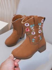 Baby Girls' High-Top Mid-Calf Boots, Embroidered High-Heel Western Cowboy Boots With Pointed Toe And Side Zipper, Casual Shoes - Brown - View 1