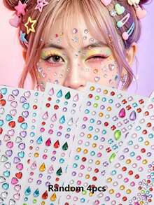 Random 1/4 Sheets Y2K Colorful Face Gem Stickers, Multi-Color Heart, Star, Teardrop Rhinestone Self-Adhesive Face Jewelry Decals For Festival Party, Cosplay, Christmas, Halloween Makeup, Body Eye Decoration And Face Diamond Stickers - Multicolor - View 11