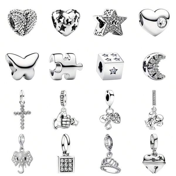 1pc Classic Minimalist Silver Pendant Heart Star Butterfly Puzzle Dice Moon Cross Elephant Crown Large Hole Bead Bracelet Handmade Jewelry Making Women Gift