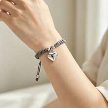 1Pc Multicolor Handmade Braided String Bracelet Silver Big Heart Pendant Rope Bangle For Women Couple Cute Casual Jewelry Gift - Large Silver Heart - View 10
