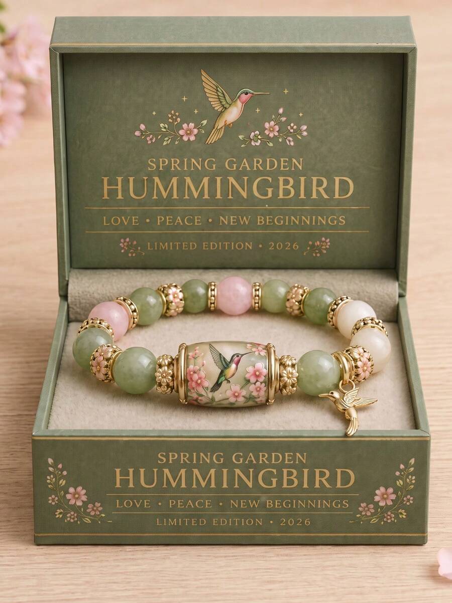 1pc Gift Box Hummingbird Jade Crystal Healing Beaded Bracelet For Women, Elastic Beaded Design, Hummingbird Pendant Decoration, Comes With Exquisite Gift Box Packaging, Suitable As Holiday Birthday Gift For Girls - Multicolor - View 1