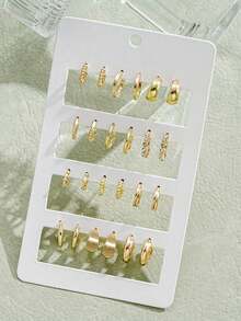 12對金色耳環套組，CZ扭轉粗獷設計混尺寸Huggie耳環，女款極簡疊戴耳環套組，日常辦公軟骨耳飾 - 金色 - 查看 2