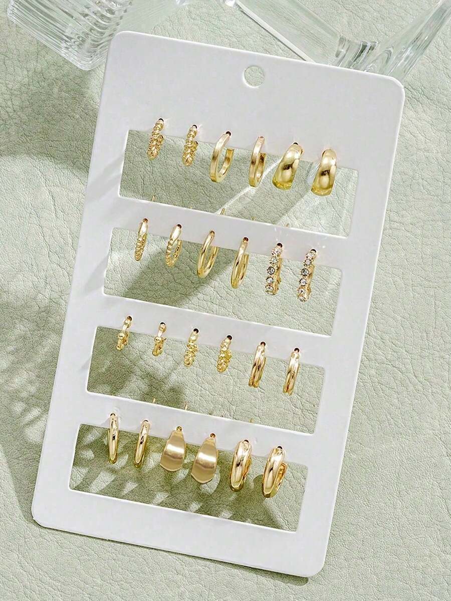 12 Pairs Gold Earrings Set, CZ Twisted And Chunky Design Mixed Size Huggie Earrings, Women's Minimalist Stackable Earrings Set, Daily Office Cartilage Jewelry - Gold - View 1