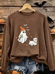 Women Plus Size Long Sleeve Pullover Sweater, Halloween Ghost Walking Dog Funny Print, Loose Casual Top, Suitable For Autumn/Winter - Dark Ochre - View 1