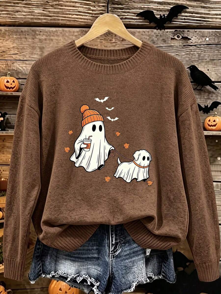 Women Plus Size Long Sleeve Pullover Sweater, Halloween Ghost Walking Dog Funny Print, Loose Casual Top, Suitable For Autumn/Winter - Dark Ochre - View 1
