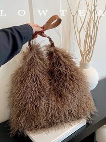 low tea 1pc Crescent Shaped Plush Fabric Shoulder Bag, Suitable For Commuting, Shopping And More - Coffee - View 8