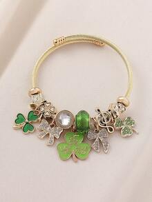 1pc Saudi Arabia 96th National Day Commemorative Green Palm Tree 96 Number Clover Pendant Beaded Bracelet Multi-Element DIY Bangle Suitable For Women Daily Holiday Celebration Party Wear - Green - View 9