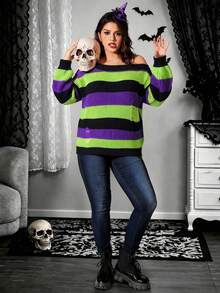 Sweater Rajut Halloween Musim Gugur/Dingin 2026 untuk Wanita Ukuran Besar, Gaya Punk Gothic Y2K, Pullover Bahu Terbuka dengan Detail Rusak, Atasan Pullover Rajut Kasual Bergaris Blok Warna - MultiWarna - View 7