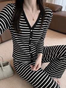 2pcs Women's Pajama Set, V-Neck Cardigan Striped Print Long Sleeve Pants, Easy Care Fabric - Black and White - View 3