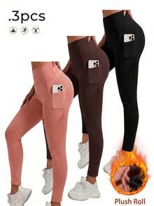 3pcs/Set Women's Thermal Lined Thickened Sports Leggings With Side Pockets, Autumn/Winter - Multicolor - View 1
