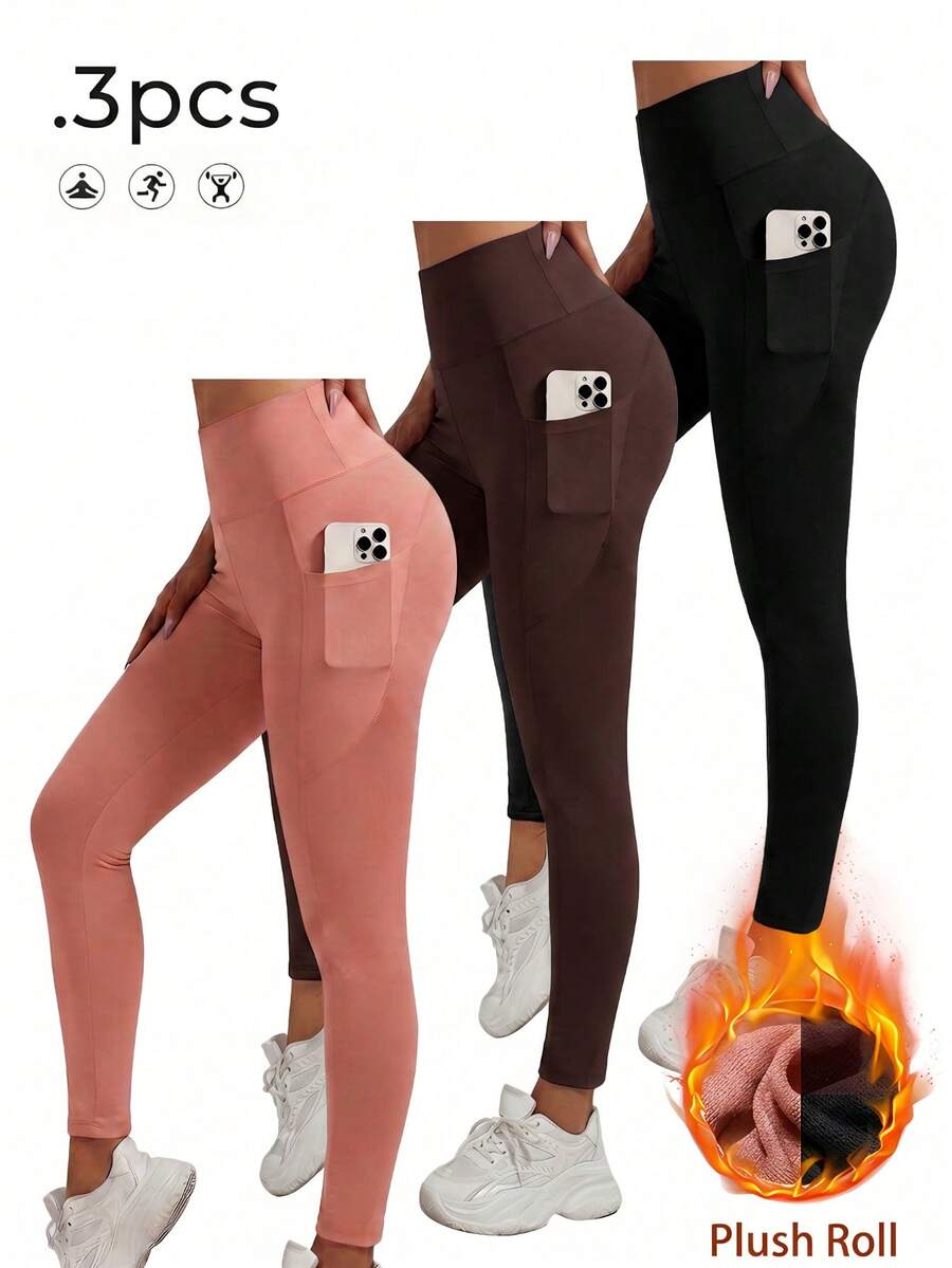 3pcs/Set Women's Thermal Lined Thickened Sports Leggings With Side Pockets, Autumn/Winter - Multicolor - View 1