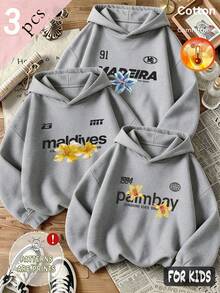 Autumn/Winter 3 Pieces Tween Girls Letter Floral Print Sweatshirt, Grey Long Sleeve Cotton Comfortable Y2K Style - Heather Gray+Heather Gray+Heather Gray - View 5