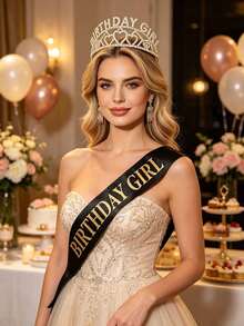 2pcs Women's Rhinestone Birthday Crown, Party Decoration Crown, Headband, Ball Shoulder Strap Headpiece Set, Suitable For Birthday Party, Wedding, Photo Props - Multicolor - View 3