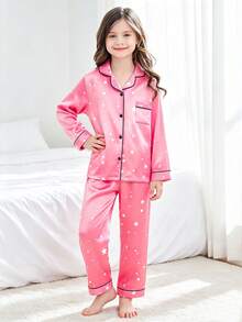 2pcs Tween Girl Starry Sky Print Trim Long Sleeve Top And Pants Pajama Set, Pink - Multicolor - View 4