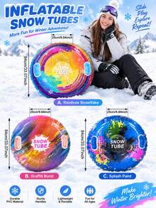 1件 84cm 彩色印花充氣雪圈，彩虹雪花/塗鴉/潑墨圖案圓形雪橇，附雙手把，冬季戶外雪橇，適合雪地遊戲、滑雪場、冬季派對與聖誕禮物，節日必備，健身器材，雪橇，戶外 - 炫彩滑雪圈 - 查看 9