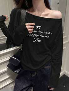 Women's New Long Sleeve T-Shirt For Spring Autumn Winter, Japanese Street Style, Sexy Cold Shoulder, Fashionable Niche Design, Loose Fit, Flattering, Pure Desire Style, Minimalist Versatile, Bowknot Letter Print, Daily Commute, Back To School Season, Off Shoulder, Korean Style Top - White - View 5
