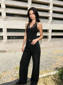 THREADLY Summer New Women's Fashion Sexy Contrast Lace Halter Bodysuit Elegant Black - Black - View 2