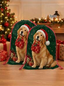 2pcs Red & Green Snowflake Christmas Tree Print Gift Wrapping Bags, Nordic Style Fabric Rectangular Drawstring Gift Sacks With Knit-Look Pattern For Christmas Presents, Party Favors & Holiday Decor - Multicolor - View 13