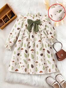 Young Girls Vintage Mushroom & Plant Print Dress, Ruffle Hem Big Bow Long Sleeve Loose Casual Cover-Up Dress - Mint Green - View 5