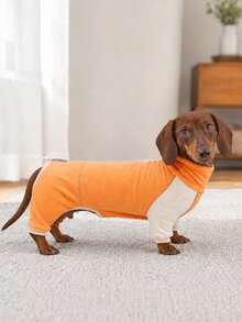 1pc Classic Colorblock Dachshund Pajamas, Adjustable Neck And Back Drawstring, Soft High Elastic Warm Sausage Dog , Anti-Shedding Sleepwear, Suitable For Dackel, Teckel, Wiener Dogs - Orange - View 2