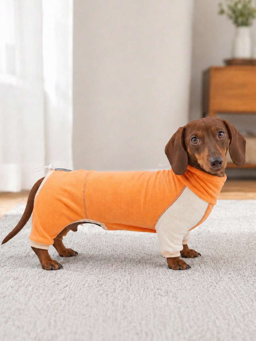 1pc Classic Colorblock Dachshund Pajamas, Adjustable Neck And Back Drawstring, Soft High Elastic Warm Sausage Dog , Anti-Shedding Sleepwear, Suitable For Dackel, Teckel, Wiener Dogs