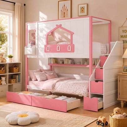 MERAX Cama Litera de Madera Twin sobre Twin con Escalera de Almacenamiento, Marco de Cama Litera tipo Casa de Juegos con 6 Cajones, Estante Superior y Compartimentos de Almacenamiento, Sin Necesidad de Somier, Blanco+Rosa