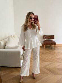 Women's White V-Neck Ruffle Top, Wrist-Length Sleeves, Semi-Sheer Woven Fabric, Fashionable Versatile, Suitable For Autumn Wear - White - View 1