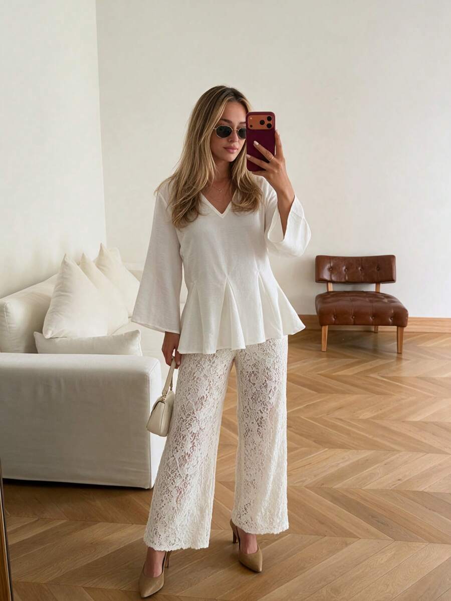 Women's White V-Neck Ruffle Top, Wrist-Length Sleeves, Semi-Sheer Woven Fabric, Fashionable Versatile, Suitable For Autumn Wear - White - View 1