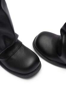 Okurime. Black Leather Buckle Boots, Vintage Pleated High-Top Boots, Flat Slimming Riding Boots - Black - View 4