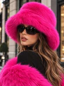1 pieza Sombrero de cubo de mujer estilo Y2K esponjoso y grueso de piel, adecuado para días extremadamente fríos, actividades al aire libre en la nieve, uso diario, cálido en invierno - Rosa Fucsia - Ver 13