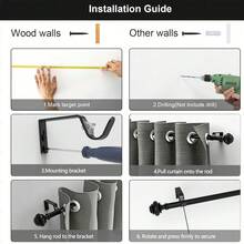 Nordic Black Curtain Rod Roman Rod, Adjustable Length, Fits 1m, 2m, 3 Meters Windows, 5/8 Inch Metal Single Rod Curtain Rod Rail Set, Wall Mounted, Suitable For Bedroom, Living Room, Apartment Windows - Black 1 Set - View 5