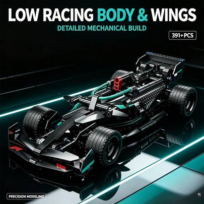 Black And Green Formula Racing Car Building Model, 391+ Pieces Adult Collectible Building Blocks Set, Low Body Racing Car, Wheels And Open Cockpit, Suitable For Halloween, Christmas, Thanksgiving And Birthday Gifts For Hobby Collectors