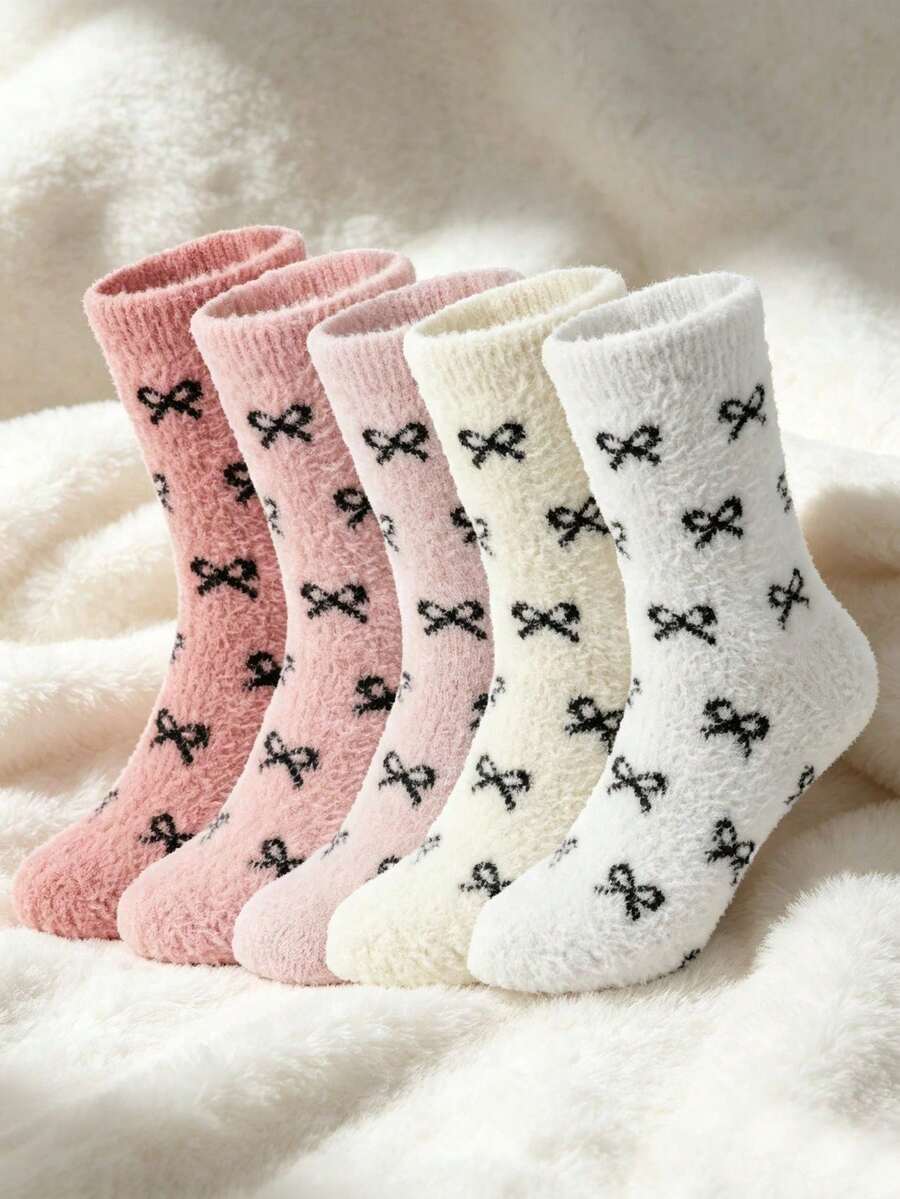 1/5 Pairs Women's Bow Knot Plush Socks, Comfortable Winter Socks, Soft Warm Mid-Calf Socks, Suitable For Cold Weather, Home, Sleep And Daily Wear, Fuzzy Knitted Socks - Multicolor - View 1