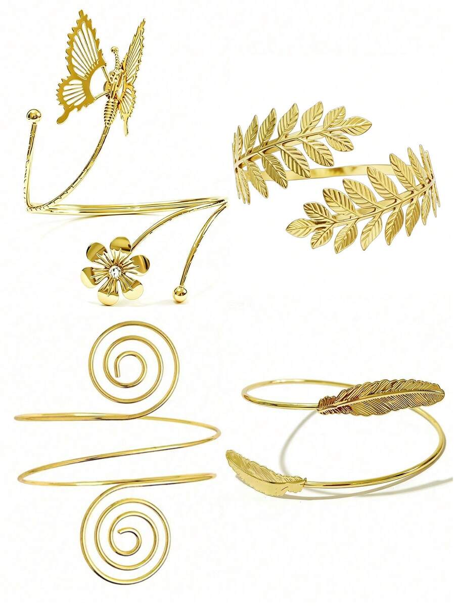 4pcs Set Exquisite Butterfly Flower Spiral Leaf Arm Cuff Bracelets, Multi-Functional Adjustable Bangles, Daily Outfit Accessory, Home Decor Curtain Tieback, Vacation Party Travel - 4PC - View 1