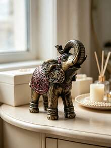 1pc Vintage Distressed Blue Elephant Statue, Upward Trunk Lucky Resin Figurine, Exquisite Mandala Pattern, Feng Shui Wealth Decor, Suitable For Entryway Console And Living Room - Multicolor 1 - View 5