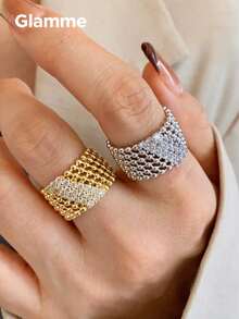 1pc Vintage Hollow Beaded Metal Ring For Women, Elegant Open Band Ring For Party And Formal Occasions - Gold - View 5